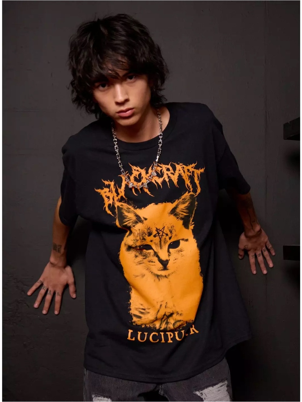 Black Craft Black Short Sleeve Graphic Tee with Orange Cat Print